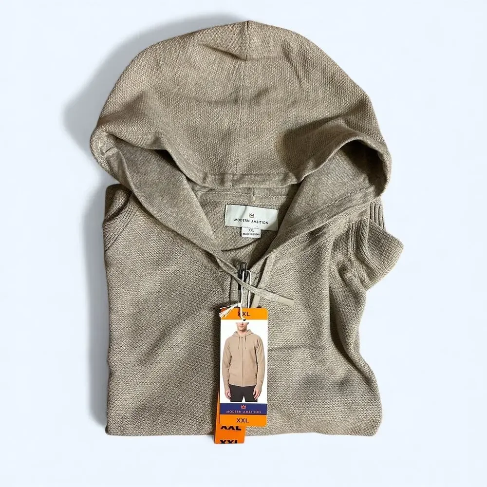 Modern Ambition Men's Full Zip Hooded Sweater Beige XXL